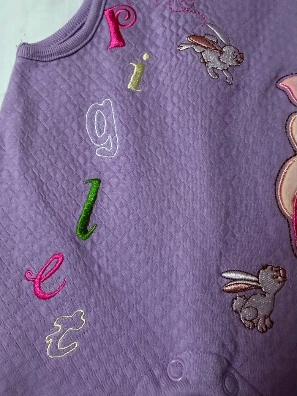 Vintage Y2K Disney Applique Embroidered Piglet Lavender One-Piece Romper